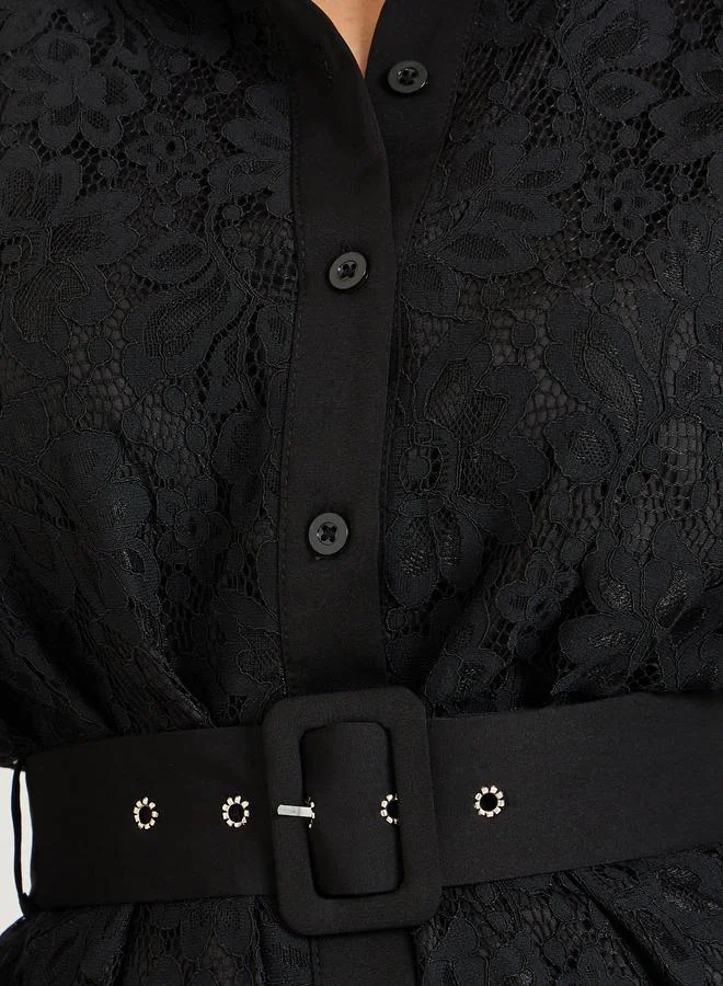 Styli Lace Belted Shirt and Pleated Skirt Co-Ords